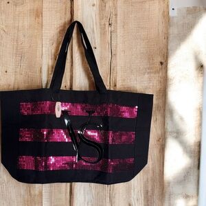 Victoria's Secret Black and Pink Sequin Tote Bag
